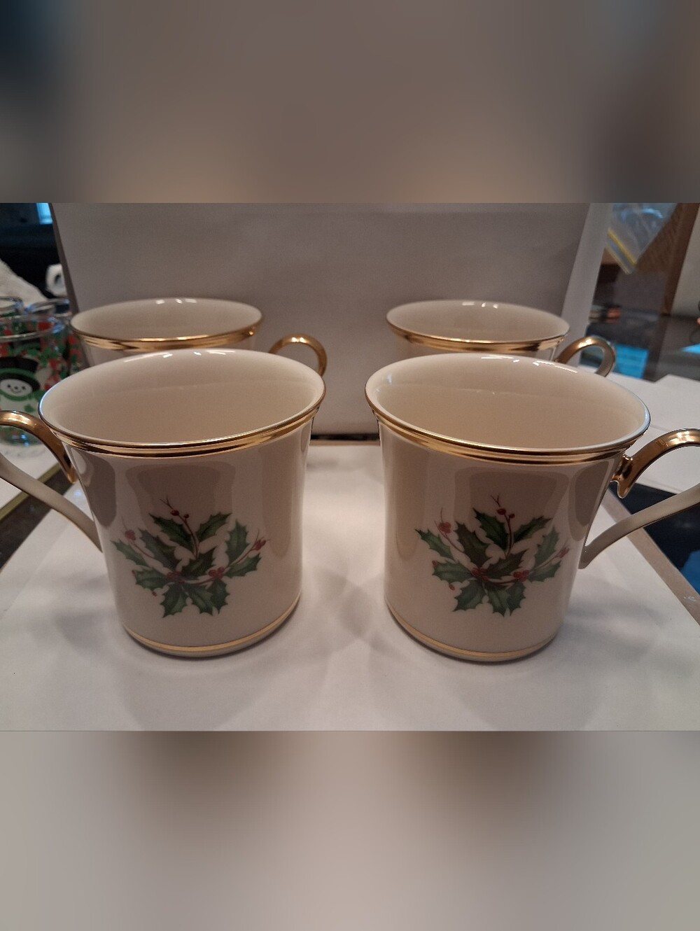 Lenox China Cream and 24k Gold Holly Porcelain Mugs - Set of 4